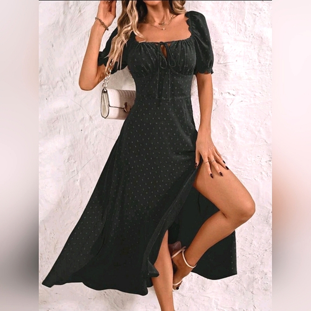 NEW Milkmaid Tie Midi Dress Puff Short Sleeve Swiss Dot Black